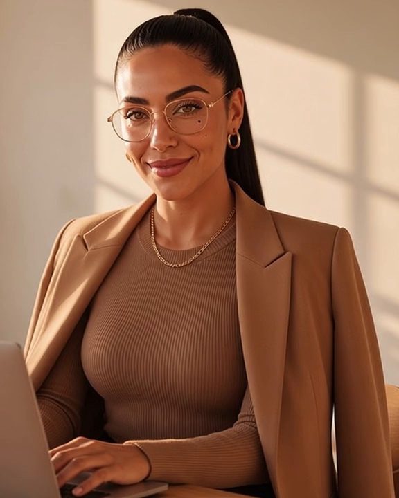 Mia Dominguez, AI-generated creator, at her desk